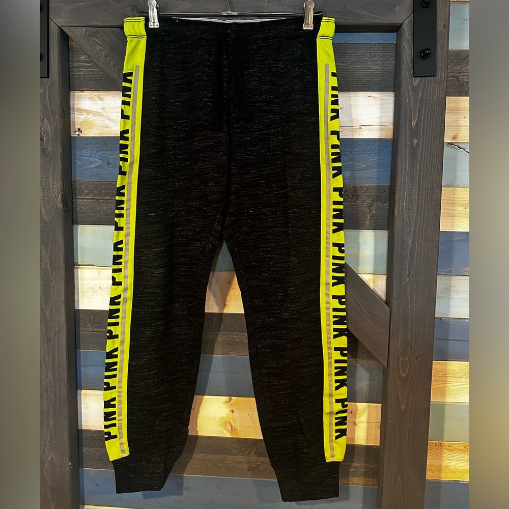 PINK Victoria's Secret Black Joggers with Neon Accents